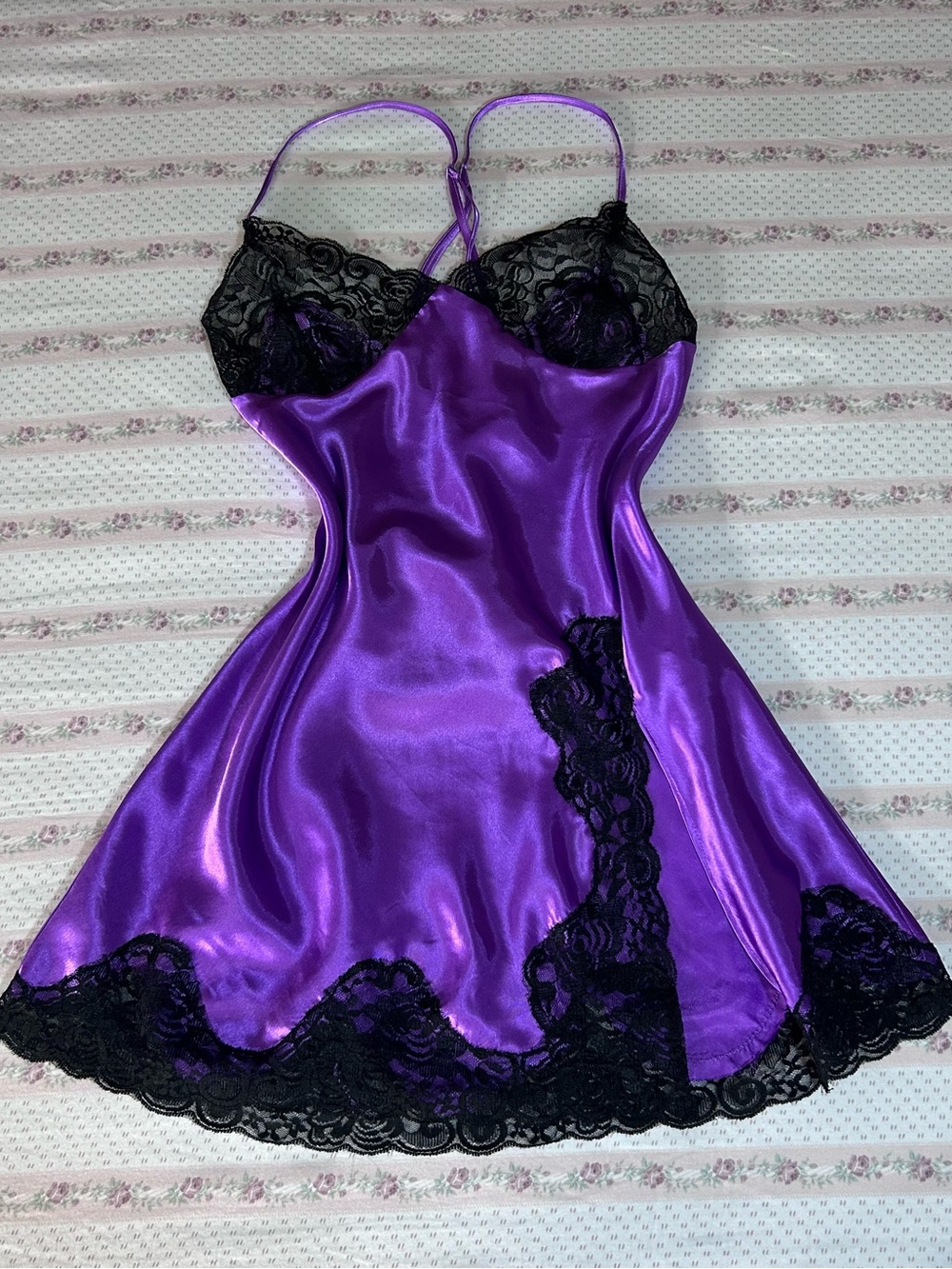 Frederick's of Hollywood Purple Satin Chemise with Black Lace Trim